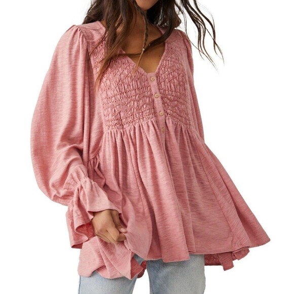 Free People Thermal Tunic Top Rose Pink Hi Low Don't Call Me Baby Size Medium - Picture 1 of 9